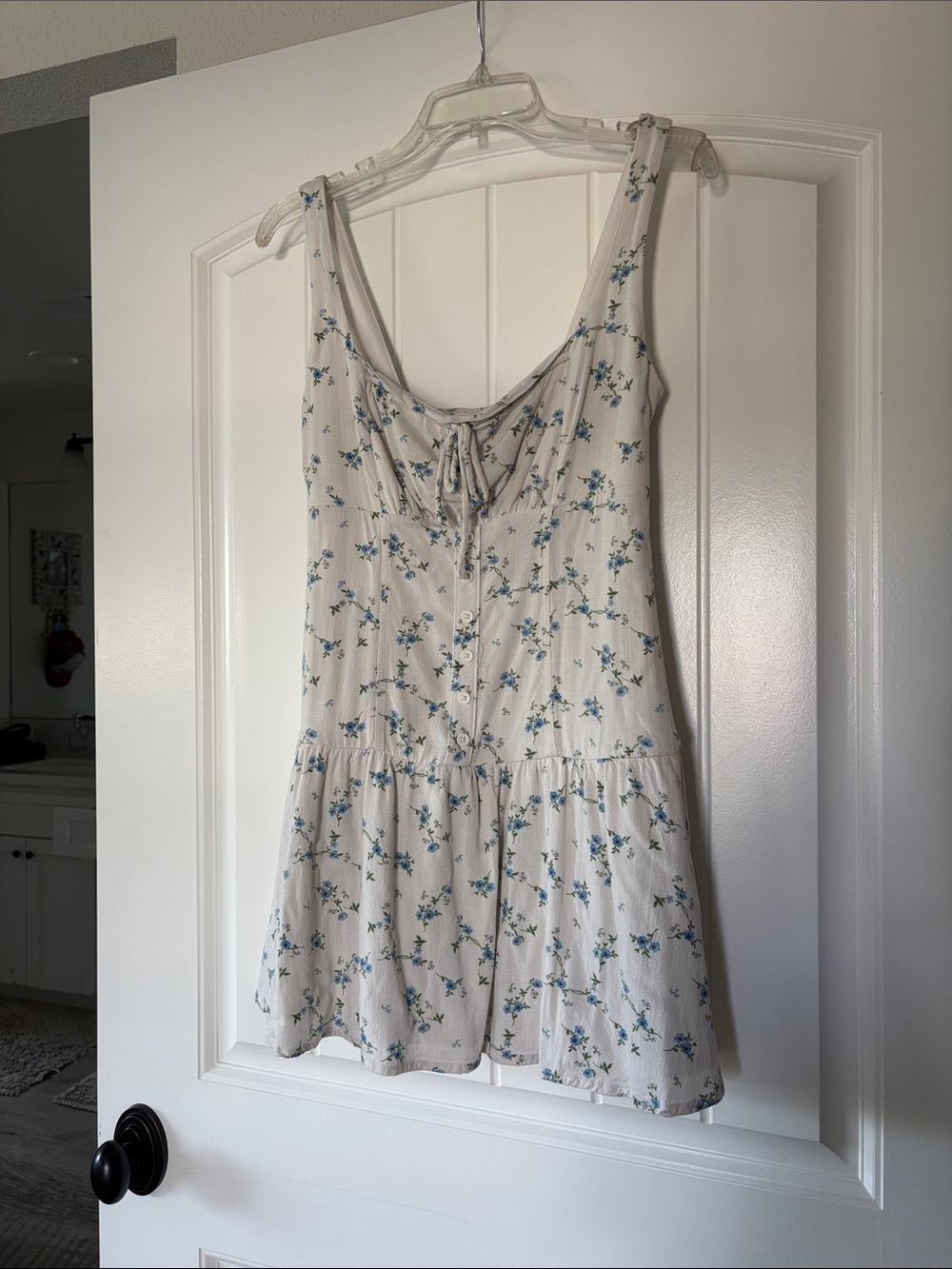White Floral Mini Babydoll Dress Blue Flowers